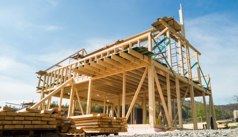 Framing of a new wooden house under construction